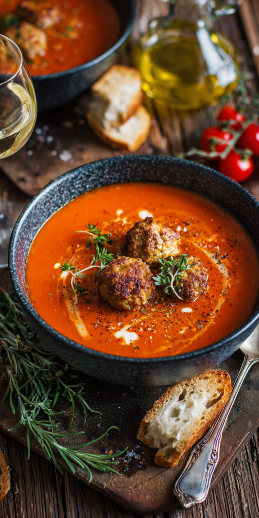 Cremige Tomaten-Reis-Suppe mit saftigen Hackbällchen | Einfaches Familienrezept