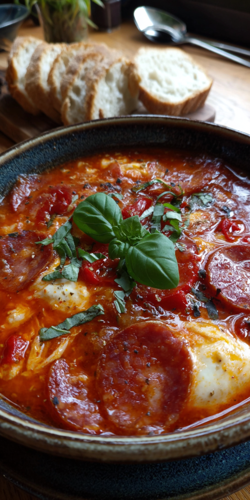 Feurige Pizzasuppe mit Salami & Chili - Cremig & Scharf!