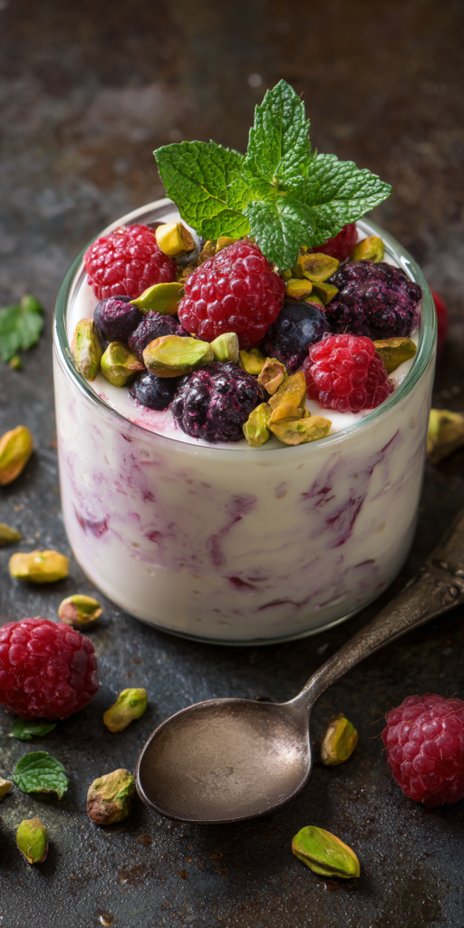 Gefrorene Joghurt-Rinde mit Beeren & Pistazien
