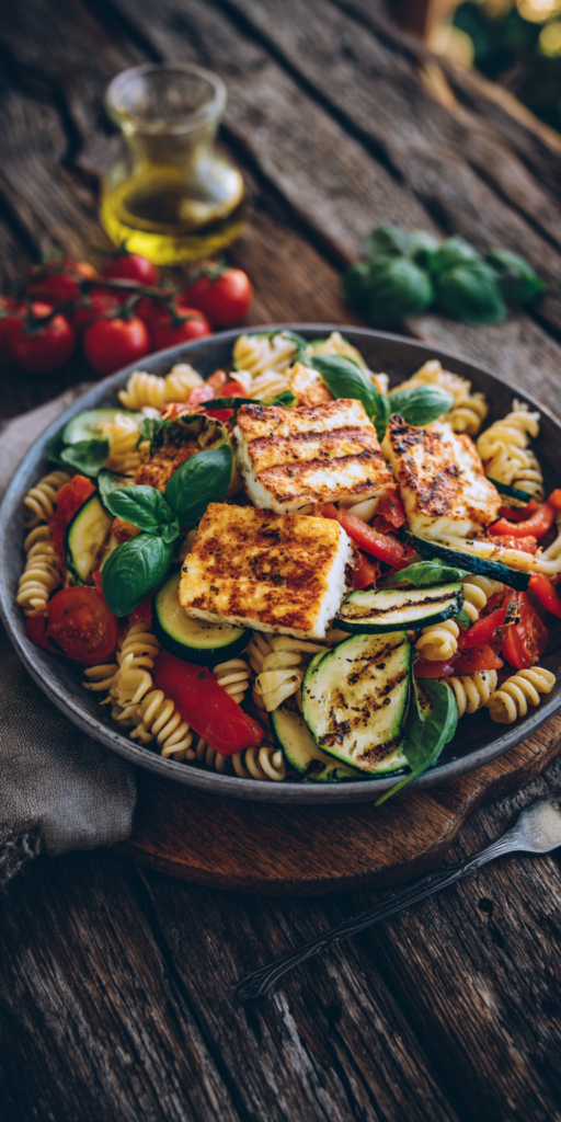 Mediterraner Halloumi-Nudelsalat mit Gemüse | Grillbeilagen 2026